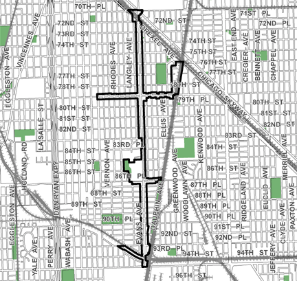 87th/Cottage Grove TIF district, roughly bounded on the north by 71st Street, 95th Street on the south, the Canadian National/Illinois Central Railway tracks on the east, and Dr. Martin Luther King Jr. Drive on the west.